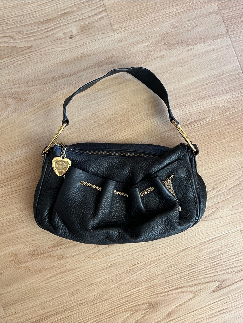 Vintage Y2K Juicy Couture Black Leather Shoulder Bag with Gold Accents
